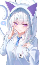 Rule 34 | 1girl, animal ears, animal hood, blue archive, blue halo, blue jacket, blue necktie, collared shirt, commentary, fake animal ears, fake tail, halo, heart, hood, hooded jacket, id card, jacket, long hair, long sleeves, looking at viewer, melt (melt out1), necktie, noa (blue archive), purple eyes, shirt, simple background, smile, solo, spoken heart, tail, upper body, white background, white hair, white shirt