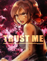 Rule 34 | 1girl, abstract background, arms at sides, bare arms, black background, black shirt, breasts, brown eyes, brown hair, claire redfield, commentary request, dirty, dirty face, english text, from side, furrowed brow, looking to the side, lower teeth only, medium breasts, nagare, open mouth, pink background, ponytail, resident evil, resident evil 2, resident evil 2 (remake), serious, shirt, short hair, sleeveless, sleeveless shirt, solo, standing, sweat, tank top, teeth, twitter username, upper body, upper teeth only