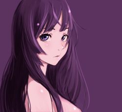 Rule 34 | 1girl, 6maker, absurdres, bakemonogatari, bare shoulders, blush, breasts, commentary request, highres, lips, long hair, looking at viewer, looking to the side, medium breasts, monogatari (series), parted lips, purple background, purple eyes, purple hair, senjougahara hitagi, shiny skin, sidelocks, simple background, solo, swept bangs, upper body