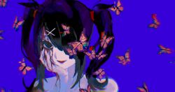 Rule 34 | 1girl, ame-chan (needy girl overdose), bare shoulders, black hair, bleeding, blood, blood on face, blue background, bug, butterfly, close-up, glitch, hair ornament, hand on own face, highres, insect, looking at viewer, mizureito, needy girl overdose, smile, solo, twintails, x hair ornament