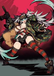 Rule 34 | 1girl, black gloves, black skirt, blush, breasts, camouflage, camouflage jacket, center opening, cleavage, cross-laced footwear, fang, fbc, fingerless gloves, from below, gloves, goggles, goggles on head, green eyes, grey hair, highres, jacket, large breasts, long hair, looking at viewer, making-of available, open clothes, open jacket, open mouth, original, pleated skirt, shadow, skirt, solo, standing, striped clothes, striped thighhighs, thighhighs, zettai ryouiki