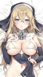 Rule 34 | 1girl, bikini, blonde hair, blue hair, blush, breasts, character request, commentary request, copyright request, elbow gloves, gloves, gomashio ponz, large breasts, long hair, looking at viewer, lying, midriff, navel, nun, on back, string bikini, swimsuit