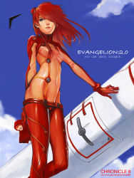 Rule 34 | 00s, 1girl, aircraft, airplane, blue eyes, bodysuit, cleavage, day, doll, entry plug, evangelion: 2.0 you can (not) advance, female focus, from below, hair over one eye, highres, kiyohisa, multicolored clothes, neon genesis evangelion, outdoors, plugsuit, realistic, rebuild of evangelion, red hair, see-through, see-through cleavage, sky, solo, souryuu asuka langley, standing, test plugsuit