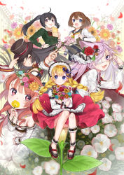 Rule 34 | 6+girls, :d, ;), absurdres, ahoge, amatou cacao, animal, animal ears, ankle cuffs, apron, bag, bare shoulders, bell, black hair, blonde hair, blue eyes, blush, book, bouquet, bow, braid, branch, brown hair, cape, cat, cat ears, cherry blossoms, closed mouth, commentary request, covering own mouth, dress, eyepatch, floating hair, floral background, flower, flower wreath, footwear bow, from above, hair bell, hair bow, hair flower, hair ornament, hairclip, hand in own hair, hand on headwear, hand up, hat, head wreath, highres, holding, holding book, holding bouquet, holding branch, holding flower, jewelry, light purple hair, long hair, long sleeves, looking at viewer, medical eyepatch, multiple girls, necklace, on flower, one eye closed, open mouth, original, outstretched arm, petals, pigeon-toed, pink eyes, purple eyes, red eyes, red flower, red rose, red skirt, rose, school uniform, serafuku, shoes, short hair, shoulder bag, side braid, sitting, skirt, skull hair ornament, smile, tassel, twin braids, twintails, very long hair, white cat, white dress