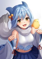 Rule 34 | 1girl, animal ears, arms up, azur lane, bare shoulders, bell, blue hair, blue skirt, blush, breasts, detached sleeves, fang, fox ears, fox girl, fox tail, fubuki (azur lane), gradient background, hair bell, hair between eyes, hair ornament, jingle bell, lace-trimmed sleeves, lace trim, looking at viewer, manda (manda9n), manjuu (azur lane), midriff, navel, open mouth, paw pose, pleated skirt, scarf, short hair, skirt, small breasts, smile, solo, tail, white scarf, wide sleeves, yellow eyes