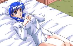 Rule 34 | 1990s (style), 1girl, akai suishou no hitomi, bed, bedroom, blue hair, braid, breasts, fairy dust, game cg, hands on own chest, long hair, long sleeves, lying, medium breasts, open mouth, pajamas, panties, pc98, pillow, pink panties, purple eyes, retro artstyle, shirt, underwear, white shirt