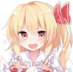 Rule 34 | &gt;:d, 1girl, :d, bad id, bad pixiv id, blonde hair, blush, bow, brown eyes, coda (ankoprpr3700), fangs, flandre scarlet, frilled shirt collar, frills, groping motion, hair bow, looking at viewer, no headwear, no headwear, open mouth, pointy ears, red bow, side ponytail, smile, solo, touhou, upper body, v-shaped eyebrows