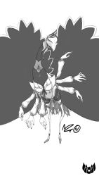 Rule 34 | bird, detached sleeves, greyscale, highres, hololive, hololive indonesia, horror (theme), looking at viewer, monochrome, monsterification, nebradisk, no humans, open hands, pavolia reine, peacock, solo, virtual youtuber, white background