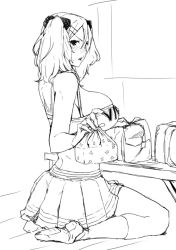 Rule 34 | 1girl, blush, borrowed character, breasts, cheerleader, from side, full body, greyscale, hair between eyes, hair ornament, hairclip, large breasts, loafers, looking at viewer, lunchbox, midriff, monochrome, obmas, original, pleated skirt, shoes, sitting, sketch, skindentation, skirt, socks, solo, twintails, wariza