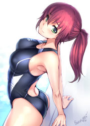 Rule 34 | 1girl, arched back, arena (company), ass, backless swimsuit, bare arms, blush, bosshi, breasts, closed mouth, commentary request, competition swimsuit, from side, green eyes, hair between eyes, highres, long hair, looking at viewer, medium breasts, one-piece swimsuit, original, ponytail, red hair, sitting, smile, solo, swimsuit