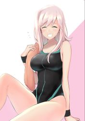 Rule 34 | 1girl, alternate hairstyle, black one-piece swimsuit, blush, breasts, closed eyes, competition swimsuit, emirio (emirio110), fate/grand order, fate (series), flying sweatdrops, hair down, highres, holding, holding towel, large breasts, long hair, looking at viewer, miyamoto musashi (fate), miyamoto musashi (fate/grand order), miyamoto musashi (swimsuit berserker) (fate), miyamoto musashi (swimsuit berserker) (first ascension) (fate), one-piece swimsuit, open mouth, pink hair, simple background, sitting, solo, swimsuit, towel, two-tone background