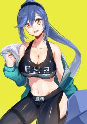 Rule 34 | 1girl, absurdres, azur lane, bad id, bad pixiv id, black pants, blue hair, blush, breasts, cleavage, commentary request, episenpei, essex (a trip down route 66) (azur lane), essex (azur lane), headband, highres, jacket, large breasts, long hair, looking at viewer, navel, open clothes, open jacket, open mouth, pants, ponytail, sidelocks, smile, solo, yellow eyes