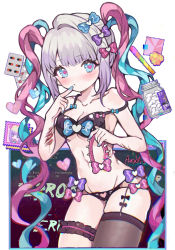 Rule 34 | 1girl, bikini, blue bow, blue eyes, blue hair, blue nails, blunt bangs, blush, bow, breasts, chouzetsusaikawa tenshi-chan, chromatic aberration, cleavage, closed mouth, collar, collarbone, cowboy shot, drugs, finger to mouth, groin, hair bow, heart, heart-shaped pupils, highres, injury, mao yue, medium breasts, multicolored hair, multiple hair bows, nail polish, navel, needy girl overdose, pill, pill bottle, pink bow, pink hair, pixelated, purple bow, purple hair, scar, self-harm, sidelocks, single thighhigh, solo, spiked collar, spikes, standing, swimsuit, symbol-shaped pupils, thigh strap, thighhighs, underboob, white background, wrist cutting
