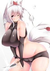 Rule 34 | 1girl, animal ear fluff, animal ears, bare shoulders, bike shorts, black shorts, blush, breasts, cameltoe, curvy, detached sleeves, halterneck, hat, highres, inubashiri momiji, knife, large breasts, looking at viewer, one eye closed, plump, red eyes, shishi juuroku, short hair, shorts, tail, thick thighs, thighs, tokin hat, touhou, weapon, white hair, wink, wolf ears, wolf tail