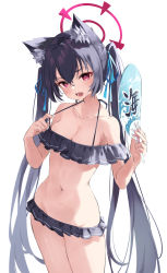 Rule 34 | 1girl, absurdres, animal ear fluff, animal ears, bare shoulders, bikini, bikini skirt, black bikini, black hair, blue archive, blue ribbon, blush, breasts, cat ears, cleavage, cowboy shot, fang, frilled bikini, frills, hair between eyes, hair ribbon, halo, halterneck, hand fan, hands up, highres, holding, holding fan, legs together, long hair, looking at viewer, medium breasts, miniskirt, navel, off-shoulder bikini, off shoulder, open mouth, red eyes, ribbon, serika (blue archive), serika (swimsuit) (blue archive), sidelocks, simple background, skin fang, skirt, solo, stomach, strap pull, string bikini, sweat, swimsuit, thighs, timo wei95, twintails, very long hair, white background