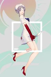 Rule 34 | 1girl, bandage over one eye, bare legs, blue eyes, braid, breasts, elbow gloves, french braid, from side, full body, gloves, high heels, highres, holding, holding knife, izayoi sakuya, knife, lab coat, looking at viewer, medium breasts, red footwear, red gloves, reeh (yukuri130), rubber gloves, shoes, silver hair, solo, touhou, twin braids