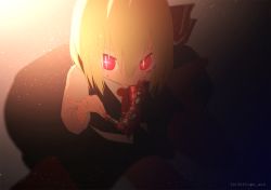 Rule 34 | 1girl, bad id, bad pixiv id, blonde hair, blood, blood on face, bow, cinkai, dark, eating, gradient background, guro, hair bow, hair ornament, light particles, long sleeves, necktie, red eyes, rumia, shirt, short hair, sitting, skirt, skirt set, solo, sparkling eyes, touhou, vest