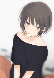 Rule 34 | 1boy, androgynous, aqua eyes, black shirt, brown hair, butterfly sitting, closed mouth, collarbone, looking at viewer, lpip, male focus, mouth hold, off shoulder, original, shirt, sitting, solo, upper body