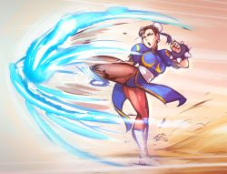 Rule 34 | 1girl, aura, black hair, boots, bracelet, capcom, chinese clothes, chun-li, enrique bolatre, kicking, open mouth, pantyhose, solo, spiked bracelet, spikes, street fighter, thick thighs, thighs