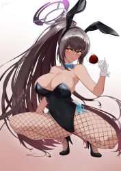 Rule 34 | 1girl, absurdres, bare shoulders, black footwear, black hair, black headband, black leotard, blue archive, blush, bow, bowtie, breasts, cleavage, crossed bangs, cup, curvy, dark-skinned female, dark skin, detached collar, drinking glass, fishnet pantyhose, fishnets, full body, gloves, gluteal fold, hair between eyes, halo, headband, high heels, high ponytail, highleg, highleg leotard, highres, holding, holding cup, huge breasts, karin (blue archive), karin (bunny) (blue archive), large breasts, leotard, long hair, looking at viewer, open mouth, pantyhose, playboy bunny, rabbit tail, shinalpha, shiny clothes, shiny skin, simple background, slit pupils, solo, spread legs, squatting, strapless, strapless leotard, sweatdrop, tail, thighs, thong leotard, traditional bowtie, very long hair, white gloves, wide hips, wine glass, wrist cuffs, yellow eyes