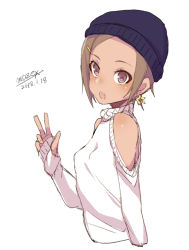 Rule 34 | 1girl, :d, bare shoulders, beanie, black hat, blush, breasts, brown eyes, brown hair, clothing cutout, cropped torso, dark-skinned female, dark skin, dated, earrings, fang, hair ornament, hairclip, hat, jewelry, long sleeves, maze (gochama ze gohan), open mouth, original, parted bangs, shirt, short hair, shoulder cutout, sidelocks, signature, simple background, small breasts, smile, solo, star (symbol), star earrings, v, white background, white shirt