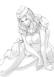 Rule 34 | 1girl, alternate costume, alternate hairstyle, blue eyes, breasts, coat, hat, highres, kolin, large breasts, lips, lying, medium hair, monochrome, parted lips, simple background, sketch, smile, solo, street fighter, street fighter v, sus304308, swimsuit, thick thighs, thighs, white background