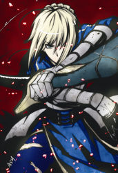 Rule 34 | 1girl, ahoge, armor, artoria pendragon (all), artoria pendragon (fate), ash (ash1210), bad id, bad pixiv id, blonde hair, blue eyes, fate/stay night, fate (series), female focus, gauntlets, gradient background, hair over one eye, saber (fate), serious, solo, sword, weapon