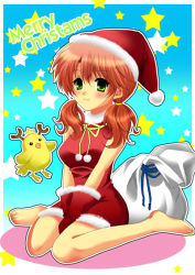 Rule 34 | 10s, 1girl, bag, barefoot, chocobo, christmas, feet, female focus, final fantasy, final fantasy xiii, full body, gloves, gradient background, green eyes, hat, inviolable boy, long hair, oerba dia vanille, red hair, santa costume, santa hat, short twintails, sitting, solo, twintails