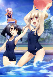 Rule 34 | 3girls, :o, absurdres, alternate hairstyle, arm up, armpits, arms up, artist request, ball, barefoot, black hair, blonde hair, brown eyes, chain-link fence, chloe von einzbern, cloud, day, fate/kaleid liner prisma illya, fate (series), feet, fence, hair bun, hair over one eye, hair up, highres, illyasviel von einzbern, legs, miyu edelfelt, multiple girls, non-web source, nyantype, official art, one-piece swimsuit, one eye closed, open mouth, outdoors, pink hair, pool, red eyes, school swimsuit, single hair bun, sky, swimsuit, tan, wading, water, wet, whistle, yellow eyes