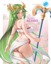 Rule 34 | 1girl, :q, achromaru, ass, breasts, circlet, dimples of venus, floating hair, from behind, green eyes, green hair, highres, holding, holding staff, kid icarus, large breasts, long hair, looking at viewer, looking back, nintendo, palutena, patreon username, single thighhigh, skindentation, skirt, solo, staff, thighhighs, tiara, tongue, tongue out, very long hair, white skirt, white thighhighs