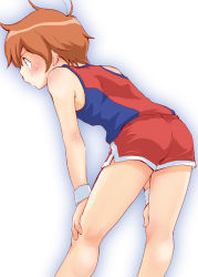 Rule 34 | 1boy, ass, ass focus, bent over, blush, brown eyes, brown hair, child, feet out of frame, from behind, gym shorts, gym uniform, hands on own knees, inuzumi, kogure kakeru, leaning forward, male focus, multicolored clothes, multicolored shirt, multicolored tank top, o3o, onegai my melody, red shorts, sanrio, short hair, shorts, simple background, solo, standing, tank top, white background, white wristband, wristband
