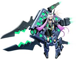 Rule 34 | 1girl, armlet, armor, clenched hand, cosmic break, emblem, feathers, gloves, green eyes, grey gloves, hair ornament, hair over one eye, highres, huge weapon, lasker, mecha musume, multicolored hair, official art, purple hair, ribbon, simple background, solo, tattoo, twintails, two-tone hair, wakaba sprout, weapon, white background, white feathers, white hair