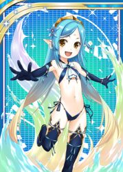 Rule 34 | 1girl, :d, bikini, blonde hair, blue hair, blue thighhighs, breasts, card (medium), criss-cross halter, elbow gloves, flat chest, gloves, gradient hair, halterneck, halterneck, highleg, highleg bikini, highleg swimsuit, long hair, lowres, multicolored hair, navel, open mouth, outstretched arms, pesu (penpen), pointy ears, rusalka (shinkai no valkyrie), shinkai no valkyrie, smile, solo, spread arms, standing, standing on one leg, swimsuit, thighhighs, very long hair, yellow eyes
