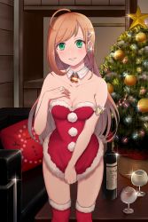 Rule 34 | 1girl, ahoge, armlet, blonde hair, blush, bottle, breasts, christmas, christmas tree, cleavage, collarbone, detached collar, dress, dress tug, earrings, fur-trimmed dress, fur-trimmed legwear, fur trim, glass, green eyes, grin, hair ornament, highres, idolmaster, idolmaster cinderella girls, indoors, jewelry, long hair, looking at viewer, medium breasts, red dress, red thighhighs, rerere, santa costume, sato shin, short dress, sleeveless, sleeveless dress, smile, snowman print, solo, sparkle, standing, strapless, strapless dress, swept bangs, thighhighs, very long hair, wing collar
