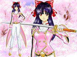 1girl absurdres artist_name bow breasts brown_eyes cherry_blossoms fingerless_gloves gloves hair_ribbon hand_on_own_hip highres japanese_text large_breasts legs long_hair looking_at_viewer pants ponytail purple_hair red_bow ribbon sakura_taisen sega serious shinguuji_sakura smile solo sword thighs weapon