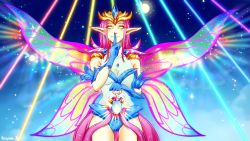 Rule 34 | 1girl, absurdres, armor, blue gloves, breasts, butterfly wings, commentary, earrings, empress of light, english commentary, finger to mouth, gloves, highres, holding, index finger raised, insect wings, jewelry, lantern, moon, no pupils, pink hair, pointy ears, see-through, shoulder armor, sky, smile, solo, star (sky), terraria, tiara, transparent wings, twigileia, wings, yellow eyes