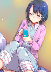 Rule 34 | 1girl, adachi sakura, adachi to shimamura, aqua eyes, blouse, blue hair, blue pajamas, cardigan, cellphone, collared shirt, commentary request, hair between eyes, half-closed eyes, highres, holding, holding phone, mikazuki akira!, open clothes, open shirt, pajamas, parted lips, phone, pink cardigan, shirt, short hair, smartphone, solo