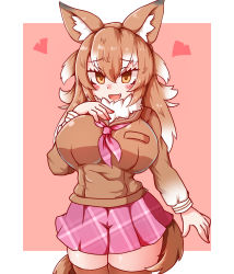 Rule 34 | 1girl, animal ear fluff, animal ears, blush, breast pocket, breasts, brown hair, brown thighhighs, empty eyes, fang, fur collar, hair between eyes, hand on own chest, haruirokomici, heart, highres, japanese wolf (kemono friends), kemono friends, large breasts, multicolored hair, nail polish, neckerchief, nose blush, open mouth, orange background, outside border, plaid neckerchief, pocket, skirt, solo, tail, thighhighs, two-tone hair, white hair, wolf ears, wolf girl, wolf tail, zettai ryouiki