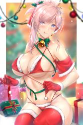 Rule 34 | 1girl, absurdres, alternate costume, bare shoulders, bauble, bell, bikini, blue eyes, blurry, blurry background, blush, box, breasts, capelet, christmas, christmas lights, christmas ornaments, christmas tree, closed mouth, collar, collarbone, earrings, fate/grand order, fate (series), fur-trimmed gloves, fur trim, gift, gift box, gloves, green ribbon, hair ribbon, highres, huge filesize, jewelry, large breasts, licking lips, long hair, looking at viewer, miyamoto musashi (fate), navel, neck bell, pink hair, red bikini, red capelet, red gloves, red ribbon, red thighhighs, rei kun, ribbon, santa bikini, sitting, smile, solo, star (symbol), star earrings, swimsuit, thighhighs, tongue, tongue out