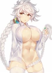 Rule 34 | 10s, 1girl, absurdly long hair, alternate costume, asymmetrical hair, bad id, bad twitter id, blouse, braid, breasts, covered erect nipples, cowboy shot, gluteal fold, hair between eyes, hair censor, hair ornament, jitome, kantai collection, large breasts, long hair, looking at viewer, navel, no panties, parted lips, partially visible vulva, pokoten (pokoten718), pussy, shirt, silver hair, single braid, solo, thighhighs, thighs, underboob, unryuu (kancolle), very long hair, white shirt, white thighhighs, yellow eyes