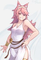 Rule 34 | 1girl, animal ears, artist name, bare shoulders, bracelet, collarbone, cosplay, cowboy shot, dress, eondriver, fire emblem, fire emblem fates, fire emblem heroes, hair between eyes, hairband, hand on own hip, highres, jewelry, long hair, looking at viewer, lucina (fire emblem), lucina (fire emblem) (cosplay), nintendo, pink hair, sleeveless, sleeveless dress, smile, soleil (fire emblem), solo, teeth, white dress, wolf ears