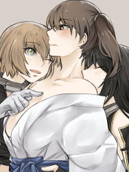 Rule 34 | 10s, 3girls, ;d, kissing back, bai lao shu, bare shoulders, black hair, blush, brown eyes, brown hair, eye contact, closed eyes, female focus, girl sandwich, gloves, green eyes, grey background, hug, hug from behind, japanese clothes, jewelry, kaga (kancolle), kantai collection, kiss, light brown hair, looking at another, looking down, looking up, multiple girls, mutsu (kancolle), nagato (kancolle), neck, neck ring, off shoulder, one eye closed, open clothes, open mouth, poking, sandwiched, short hair, shy, side ponytail, simple background, smile, upper body, white gloves, wink, yuri