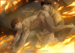 Rule 34 | 2boys, abs, akitaru oubi, anilingus, artist name, ass, bara, black hair, completely nude, en&#039;en no shouboutai, erection, fire, lemilkychocyaoi, looking at another, male focus, multiple boys, muscular, muscular male, nude, paid reward available, patreon username, penis, red eyes, paid reward available, sharp teeth, shinra kusakabe, short hair, smile, teeth, thighs, uncensored, undercut, yaoi