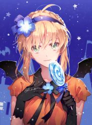 Rule 34 | 1girl, alternate costume, artoria pendragon (all), artoria pendragon (fate), bad id, bad pixiv id, black gloves, black wings, blue background, blue flower, braid, breasts, candy, closed mouth, collarbone, collared shirt, fate/stay night, fate (series), flower, food, gloves, h sueun, hair flower, hair ornament, hairband, halloween, hands up, head tilt, holding, holding candy, holding food, holding lollipop, light smile, lollipop, looking at viewer, mini wings, orange shirt, purple hairband, revision, saber (fate), shirt, short sleeves, sidelocks, small breasts, solo, star (symbol), swirl lollipop, twitter username, wings