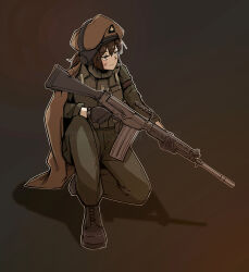 Rule 34 | 1girl, absurdres, battle rifle, beret, black gloves, boots, brown hair, commission, english text, fn fal, frown, gloves, gun, hat, headset, highres, military uniform, nyagurisushi, on one knee, original, poncho, rifle, short hair, trigger discipline, uniform, watch, weapon