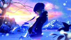 Rule 34 | 1girl, backlighting, bare tree, black jacket, blunt bangs, blurry, blurry foreground, blush, breasts, clenched teeth, closed eyes, cloud, cluseller, cold, cowboy shot, day, earmuffs, fang, female focus, gradient sky, hands in pockets, highres, jacket, long hair, long sleeves, mountain, nose blush, orange sky, original, outdoors, pink hair, scarf, sky, small breasts, snow, snowing, solo, standing, sunlight, sunrise, tears, teeth, tree, white scarf, winter clothes