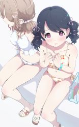 Rule 34 | 2girls, absurdres, bag, bare legs, bikini, black hair, blush, breasts, brown hair, clenched hands, commentary, drill hair, floral print, fukumaru koito, full body, gyorui (katsuwo drawing), hair ornament, hair ribbon, hairclip, hands up, highres, ichikawa hinana, idolmaster, idolmaster shiny colors, looking at viewer, looking to the side, looking up, medium breasts, multiple girls, on bench, parted lips, pink eyes, pink ribbon, ribbon, sandals, shaded face, short hair, short twintails, side-tie bikini bottom, simple background, sitting, small breasts, swept bangs, swimsuit, twin drills, twintails, white background, white bikini