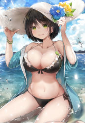Rule 34 | 1girl, absurdres, bangle, bare shoulders, beach, bikini, black bikini, black hair, blue jacket, bracelet, breasts, cleavage, collarbone, day, flower, front-tie bikini top, front-tie top, green eyes, grin, groin, halterneck, hands on headwear, hands up, hat, hat flower, highres, hiromaster sinta jh, jacket, jewelry, large breasts, looking at viewer, navel, off shoulder, open clothes, open jacket, original, outdoors, short hair, side-tie bikini bottom, sitting, smile, solo, stomach, string bikini, sun hat, swimsuit, thighs, water, wet, white hat