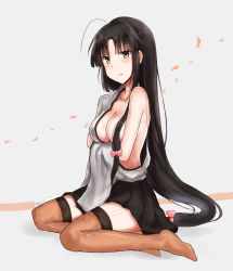 Rule 34 | 10s, 1girl, ahoge, black hair, blunt bangs, blush, bow, breasts, brown eyes, cai geng, cherry blossoms, cleavage, convenient censoring, eyebrows, hair bow, highres, japanese clothes, kantai collection, large breasts, long hair, low-tied long hair, miniskirt, off shoulder, parted lips, pleated skirt, shouhou (kancolle), simple background, sitting, skirt, solo, thighhighs, very long hair, yokozuwari