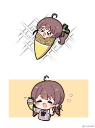 Rule 34 | 0725akaba, 2girls, :d, ahoge, blush, brown background, brown hair, chibi, closed eyes, clothing cutout, collared shirt, commentary request, cropped torso, drill hair, drooling, flying sweatdrops, food, grey shirt, heart, highres, holding, holding food, hololive, ice cream cone, long sleeves, low twintails, multiple girls, natsuiro matsuri, natsuiro matsuri (casual), open mouth, saliva, see-through, see-through sleeves, shirt, shoulder cutout, side ponytail, smile, sparkle background, twin drills, twintails, twitter username, two-tone background, upper body, virtual youtuber, white background